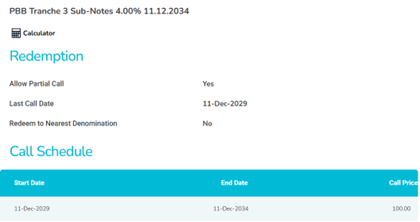 Call schedule for PBB Tranche 3 Sub-Notes 4.00%25 11.12.2034 Call schedule for PBB Tranche 3 Sub-Notes 4.00%25 11.12.2034